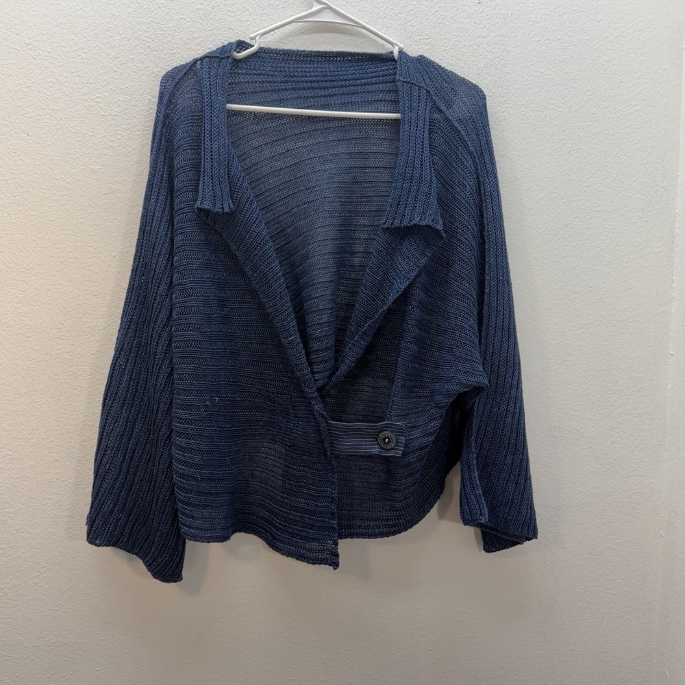 Crea Concept 100% Linen Knit Cardigan Blue Lagenlook Artsy Minimalist Coastal